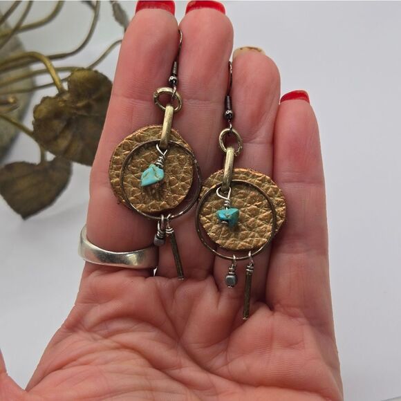 "5/$25" Handmade Turquoise Chip Leather Mixed Metal Dangle Earrings 925 Ear Wire - Picture 2 of 6